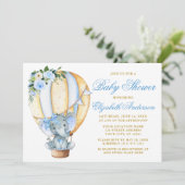 Blauw Floral ballon Elephant Bow Baby shower Kaart (Staand voorkant)