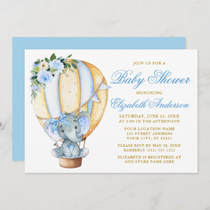 Blauw Floral ballon Elephant Bow Baby shower Kaart