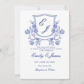 blauw Floral Crest Victoriaans huwelijksuitnodigin Save The Date (Voorkant)