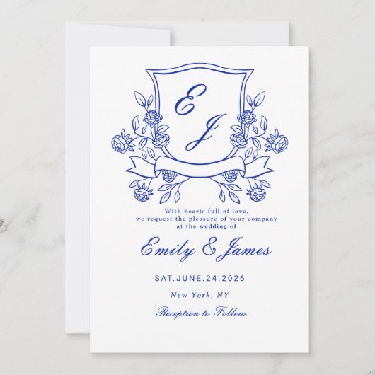 blauw Floral Crest Victoriaans huwelijksuitnodigin Save The Date (Voorkant)