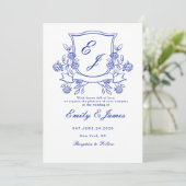 blauw Floral Crest Victoriaans huwelijksuitnodigin Save The Date (Staand voorkant)