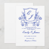 blauw Floral Crest Victoriaans huwelijksuitnodigin Save The Date (Voorkant / Achterkant)