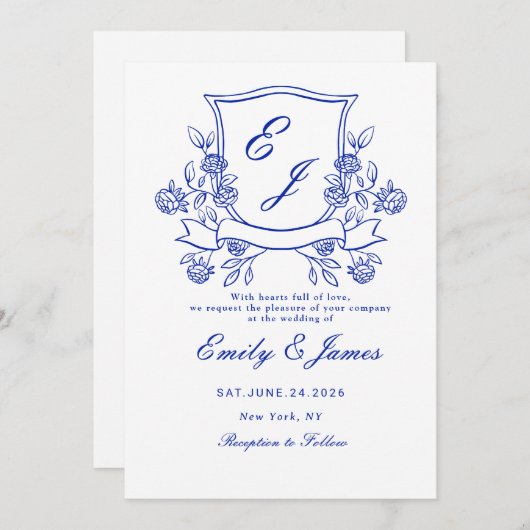 blauw Floral Crest Victoriaans huwelijksuitnodigin Save The Date (Voorkant / Achterkant)