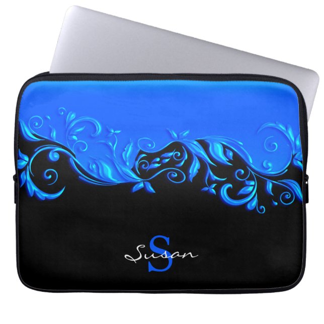 Blauw Floral design op zwart Laptop Sleeve (Voorkant)