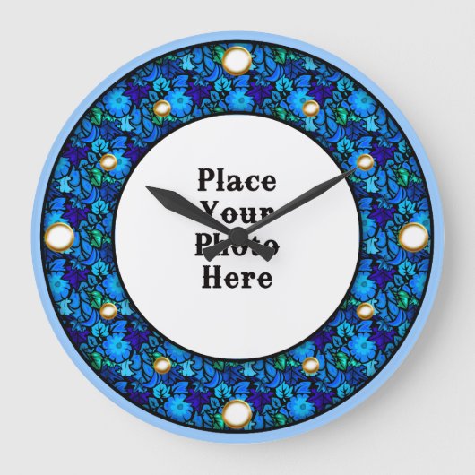Blauw Floral Lijst Uw fotowandklok Grote Klok (Voorkant)