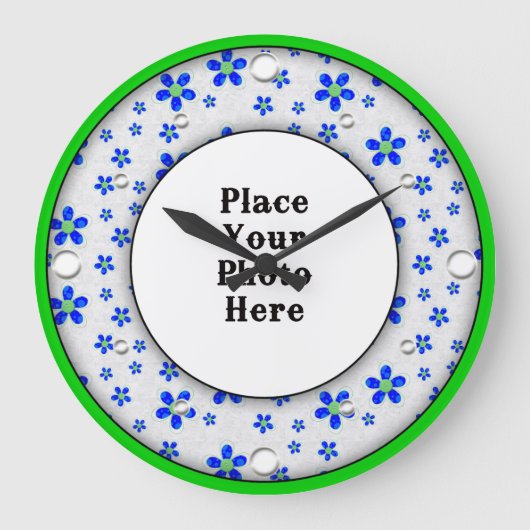 Blauw Floral Lijst Uw fotowandklok Grote Klok (Voorkant)