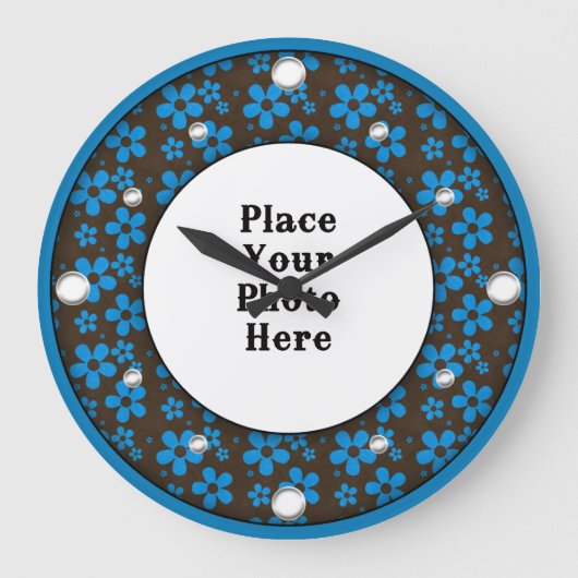 Blauw Floral Lijst Uw fotowandklok Grote Klok (Voorkant)