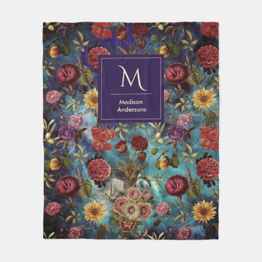  blauw Floral monogram Fleece Deken (Voorkant)