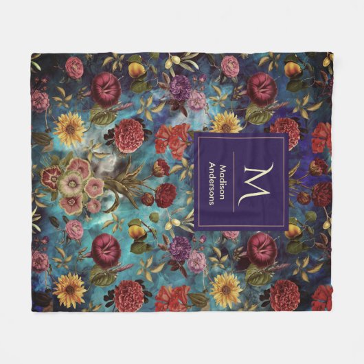 blauw Floral monogram Fleece Deken (Voorkant (Horizontaal))