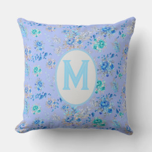  Blauw Floral Monogram Kussen