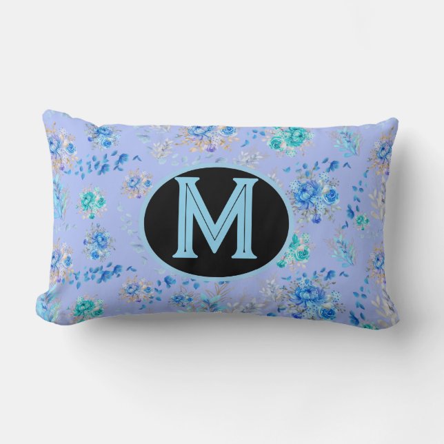  Blauw Floral Monogram Kussen (Voorkant)
