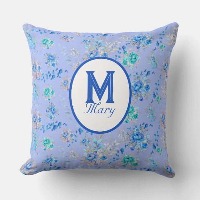  Blauw Floral Monogram Kussen (Voorkant)