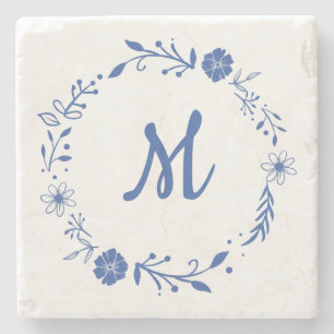 Blauw Floral Monogram met ontwerp Stenen Onderzetter