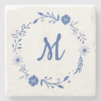 Blauw Floral Monogram met ontwerp Stenen Onderzetter