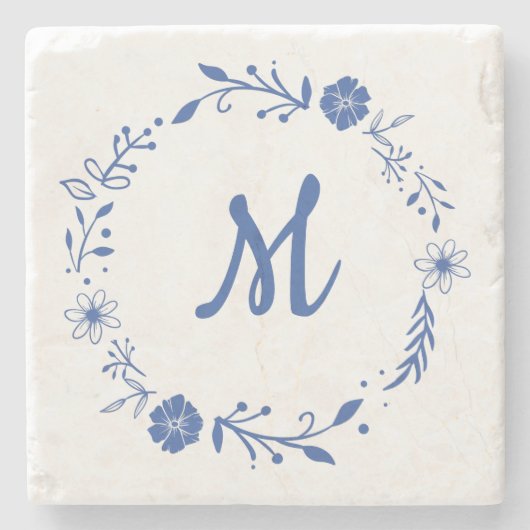 Blauw Floral Monogram met ontwerp Stenen Onderzetter (Voorkant)