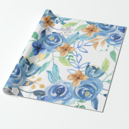 Blauw Floral Patroon, artistieke Waterverf Cadeaupapier