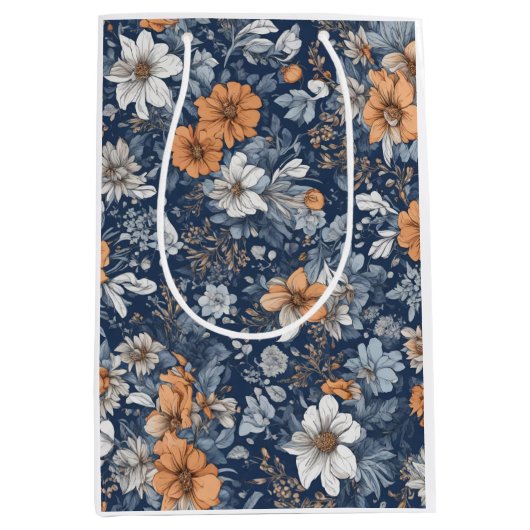 Blauw Floral patroon Medium Cadeauzakje (Voorkant)