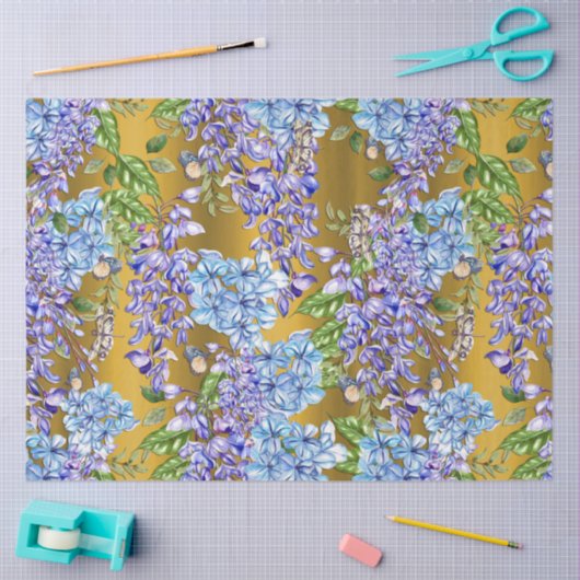 Blauw Floral Patroon op goud Tissuepapier (Craft)