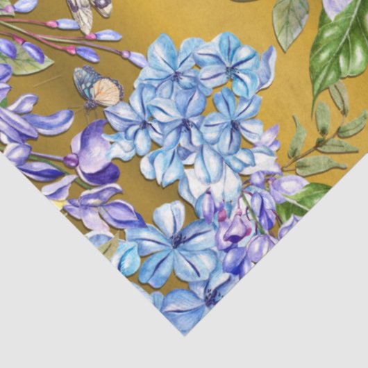 Blauw Floral Patroon op goud Tissuepapier (Detail)