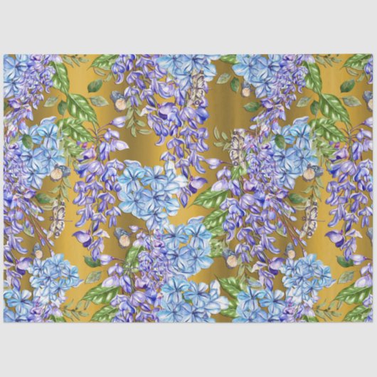 Blauw Floral Patroon op goud Tissuepapier (Voorkant)