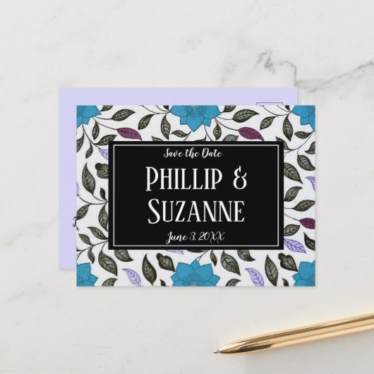 Blauw Floral Patroon sparen de Datum Aankondigingskaart (Voorkant / Achterkant in situ)