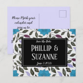 Blauw Floral Patroon sparen de Datum Aankondigingskaart (Voorkant / Achterkant)