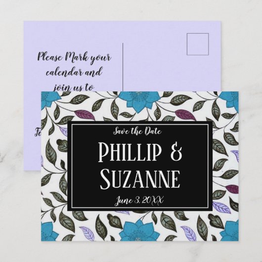 Blauw Floral Patroon sparen de Datum Aankondigingskaart (Voorkant / Achterkant)