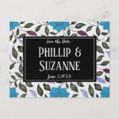 Blauw Floral Patroon sparen de Datum Aankondigingskaart (Voorkant)