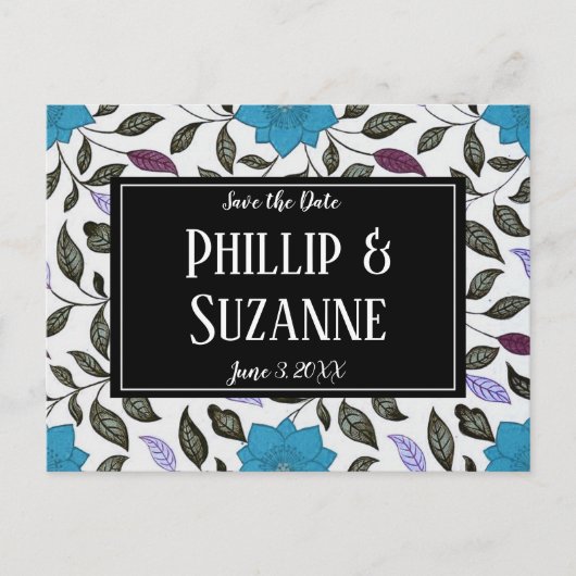  Blauw Floral Patroon sparen de Datum Aankondigingskaart (Voorkant)