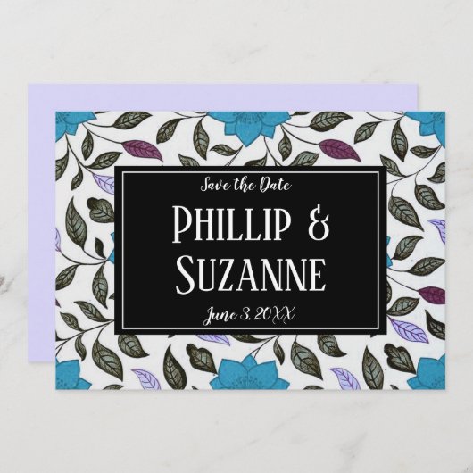 Blauw Floral Patroon sparen de Datum Kaart (Voorkant / Achterkant)