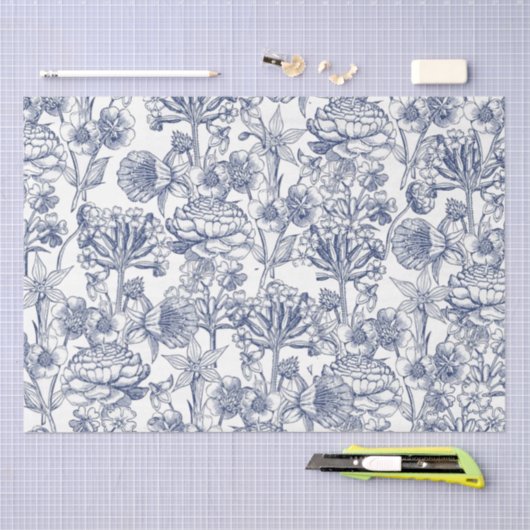 Blauw Floral Pattern Elegant Tissuepapier (Craft)