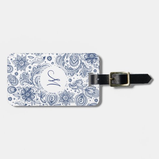 Blauw Floral Pattern Monogram Bagagelabel (Voorkant horizontaal)