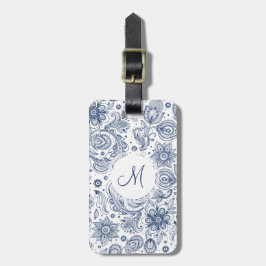 Blauw  Floral Pattern Monogram Bagagelabel