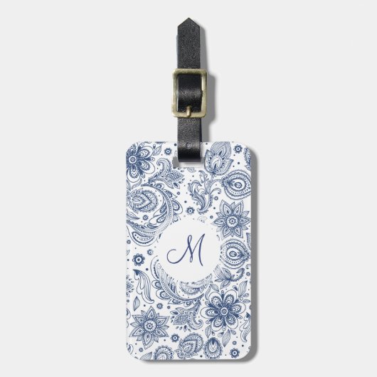 Blauw  Floral Pattern Monogram Bagagelabel (Voorkant verticaal)