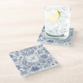 Blauw Floral Pattern Monogram Glass Onderzetter (Schuin)