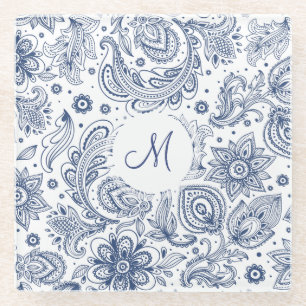 Blauw  Floral Pattern Monogram Glass Onderzetter