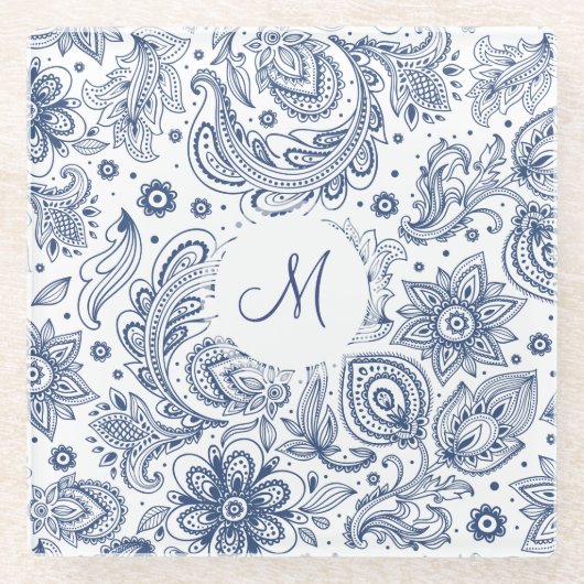Blauw Floral Pattern Monogram Glass Onderzetter (Voorkant)
