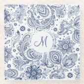 Blauw  Floral Pattern Monogram Glass Onderzetter Glazen Onderzetter (Voorkant)