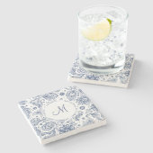 Blauw  Floral Pattern Monogram Stone Onderzetter (Zijkant)