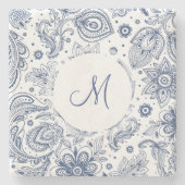 Blauw  Floral Pattern Monogram Stone Onderzetter (Voorkant)