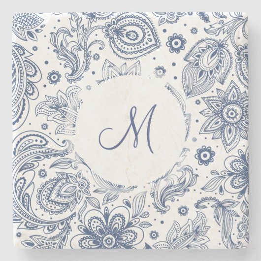 Blauw  Floral Pattern Monogram Stone Onderzetter (Voorkant)