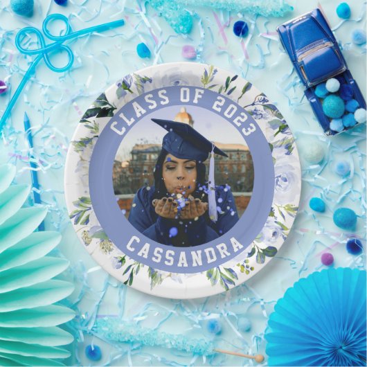 Blauw Floral Roos Afstuderen Foto Papieren Bordje (Feest)