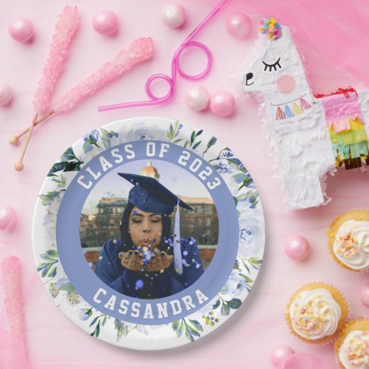 Blauw Floral Roos Afstuderen Foto Papieren Bordje (Feest)