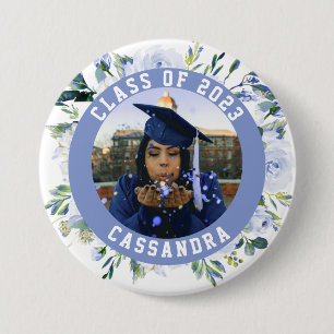Blauw Floral Roos Afstuderen Foto Ronde Button 7,6 Cm
