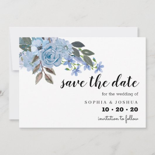 Blauw Floral Script Save the Dates Date (Voorkant)