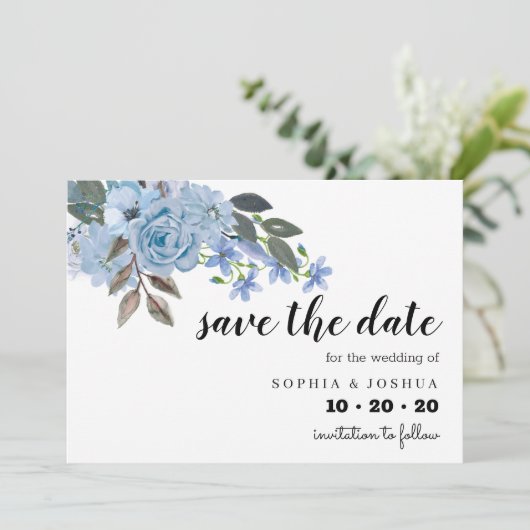 Blauw Floral Script Save the Dates Date (Staand voorkant)
