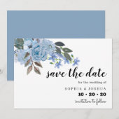 Blauw Floral Script Save the Dates Date (Voorkant / Achterkant)
