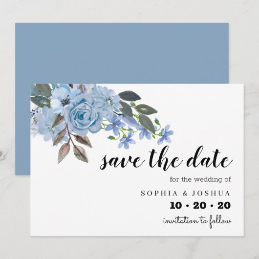 Blauw Floral Script Save the Dates Date (Voorkant / Achterkant)