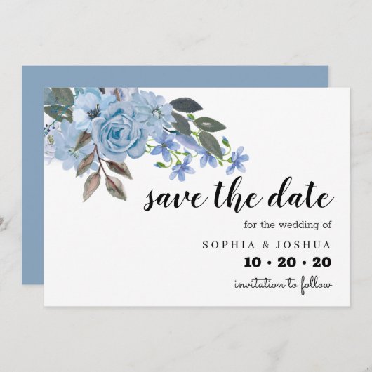 Blauw Floral Script Save the Dates Save The Date (Voorkant / Achterkant)