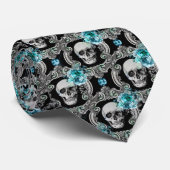 Blauw Floral Skull Pattern Stropdas (Opgerold)